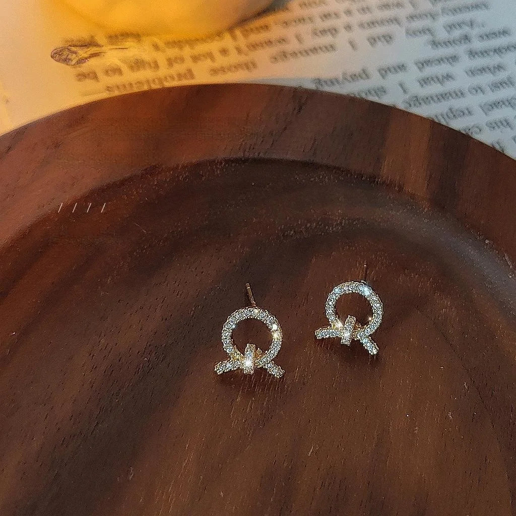 14K Plated Copper Rope Knot Geometric Zircon Stud Earrings, Mini Minimalist Korean Style