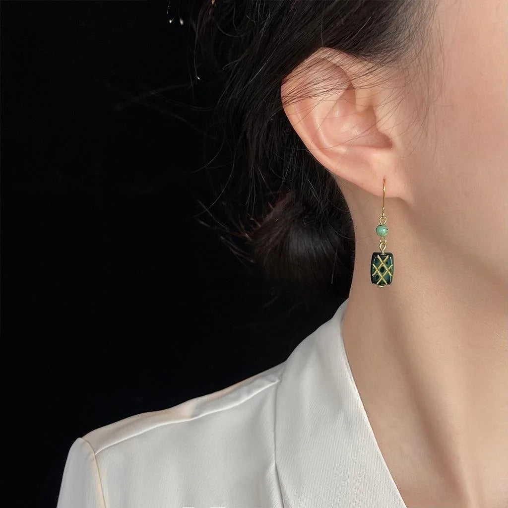 Handmade Czech Glass Drop Earrings Vintage Chinese Style Long Geometric Round Square Jewelry