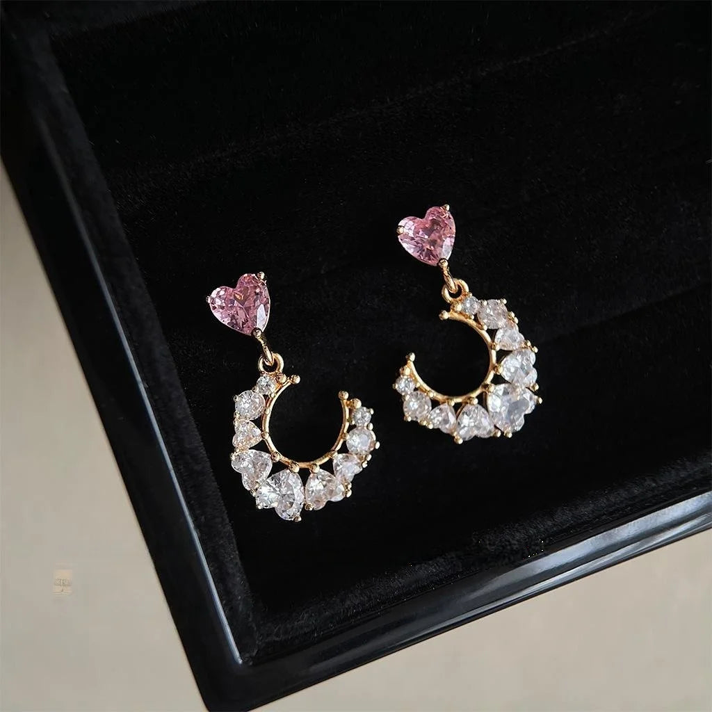 Light Luxury Copper Zircon Moon Heart Geometric Drop Earrings