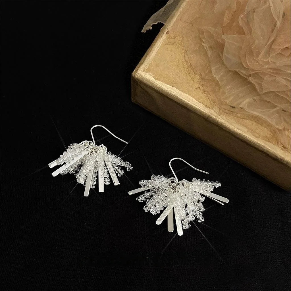 Sparkling Firework Glass Crystal Tassel Drop Earrings Copper Handmade Sweet Designer Jewelry
