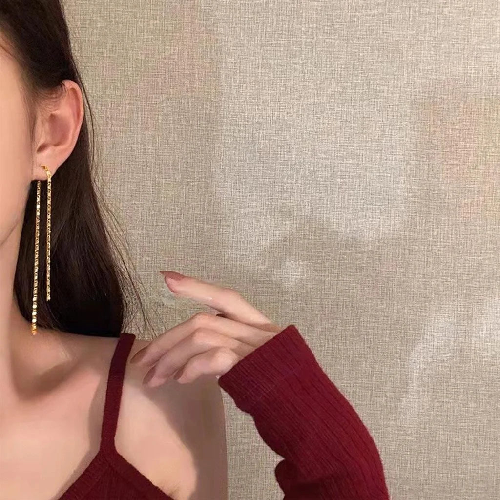 14K Gold Plated Copper Geometric Chain Tassel Drop Earrings For Women Korean Versatile Style