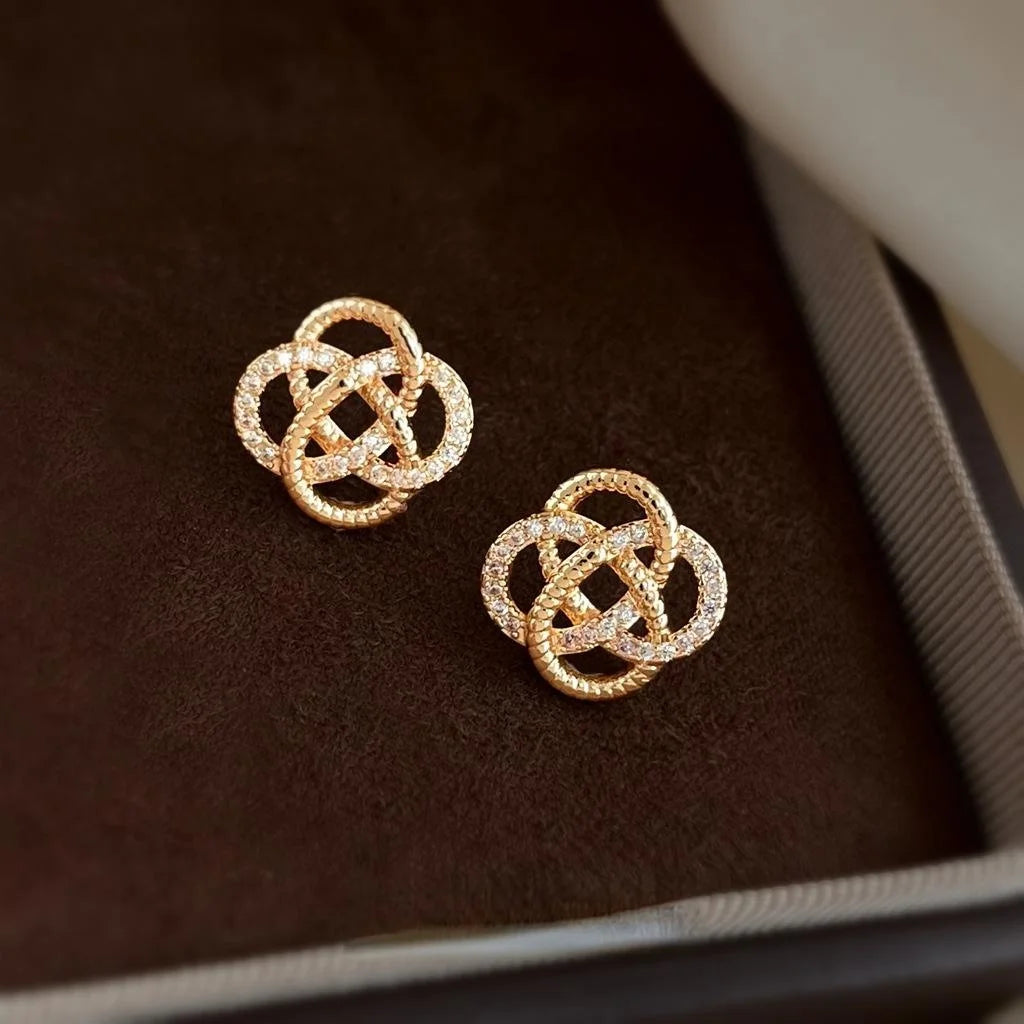 Light Luxury Geometric Floral Auspicious Knot Zircon Copper Stud Earrings