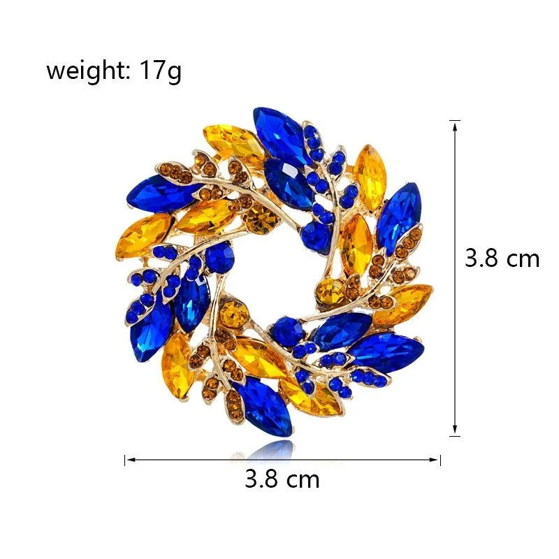 Elegant Blue Amber Rhinestone Leaf Wheat Wreath Brooch, Gold Tone Alloy Lapel Pin Corsage Suit Accessory