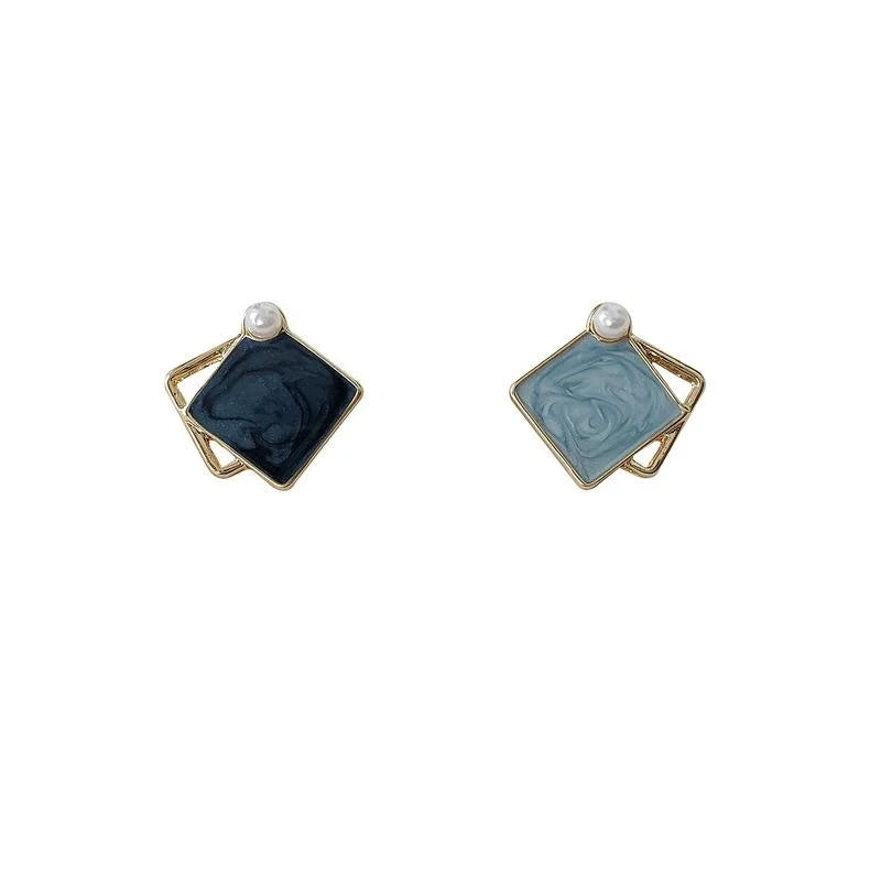14K Plated Alloy Blue Enamel Asymmetric Square Stud Earrings Vintage Hong Kong Style