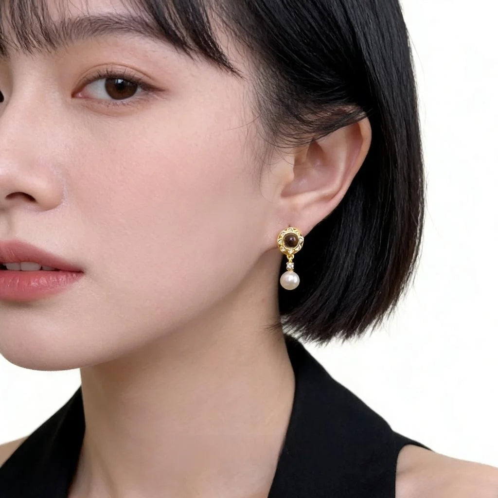 French Vintage Freshwater Pearl Tiger Eye Round Zircon Copper Drop Earrings