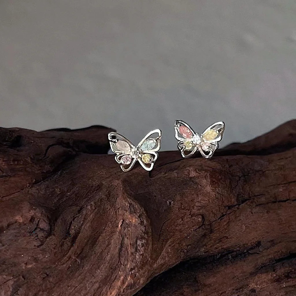 Mini Butterfly Stud Earrings Silver Plated Copper Micro Pave Colorful Zircon Korean Style