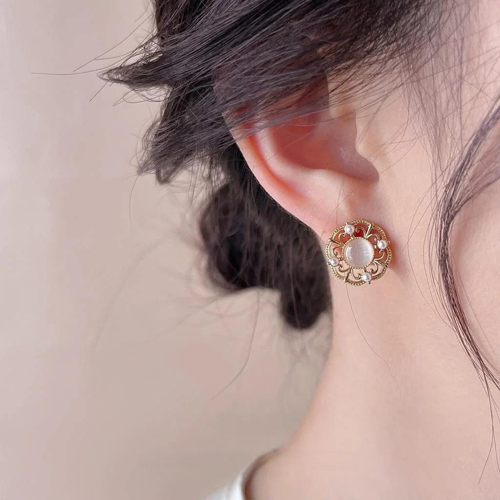 14K Gold Plated Copper Glass Cat Eye Stone Hollow Round Geometric New Chinese Drop Earrings