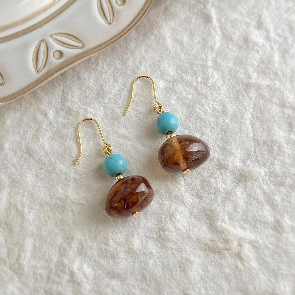 Vintage Style Handmade Geometric Resin Drop Earrings With Brown Marbled Round Oval Design
