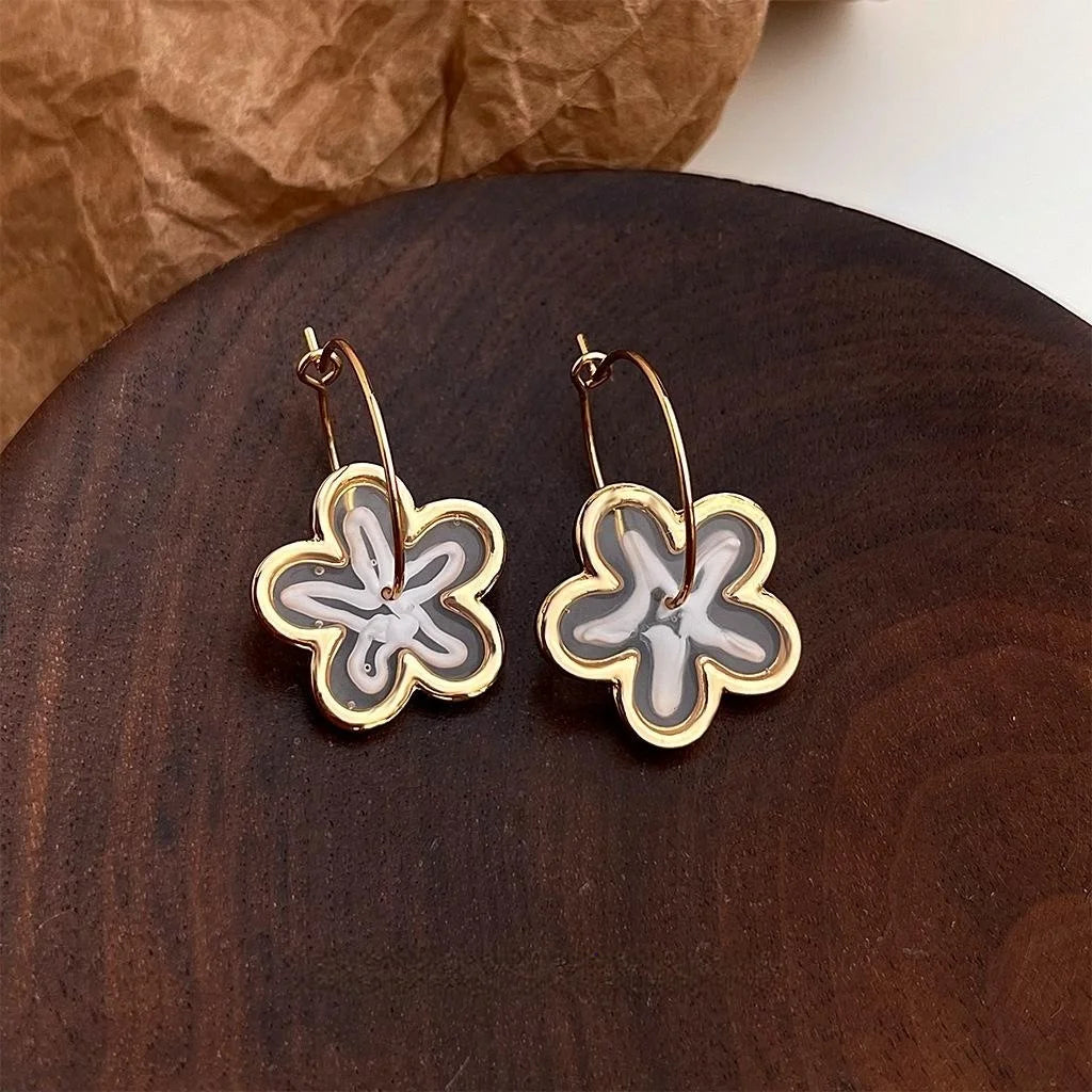 Sweet Floral Copper Hoop Earrings For Women, Elegant Geometric Round Statement Jewelry