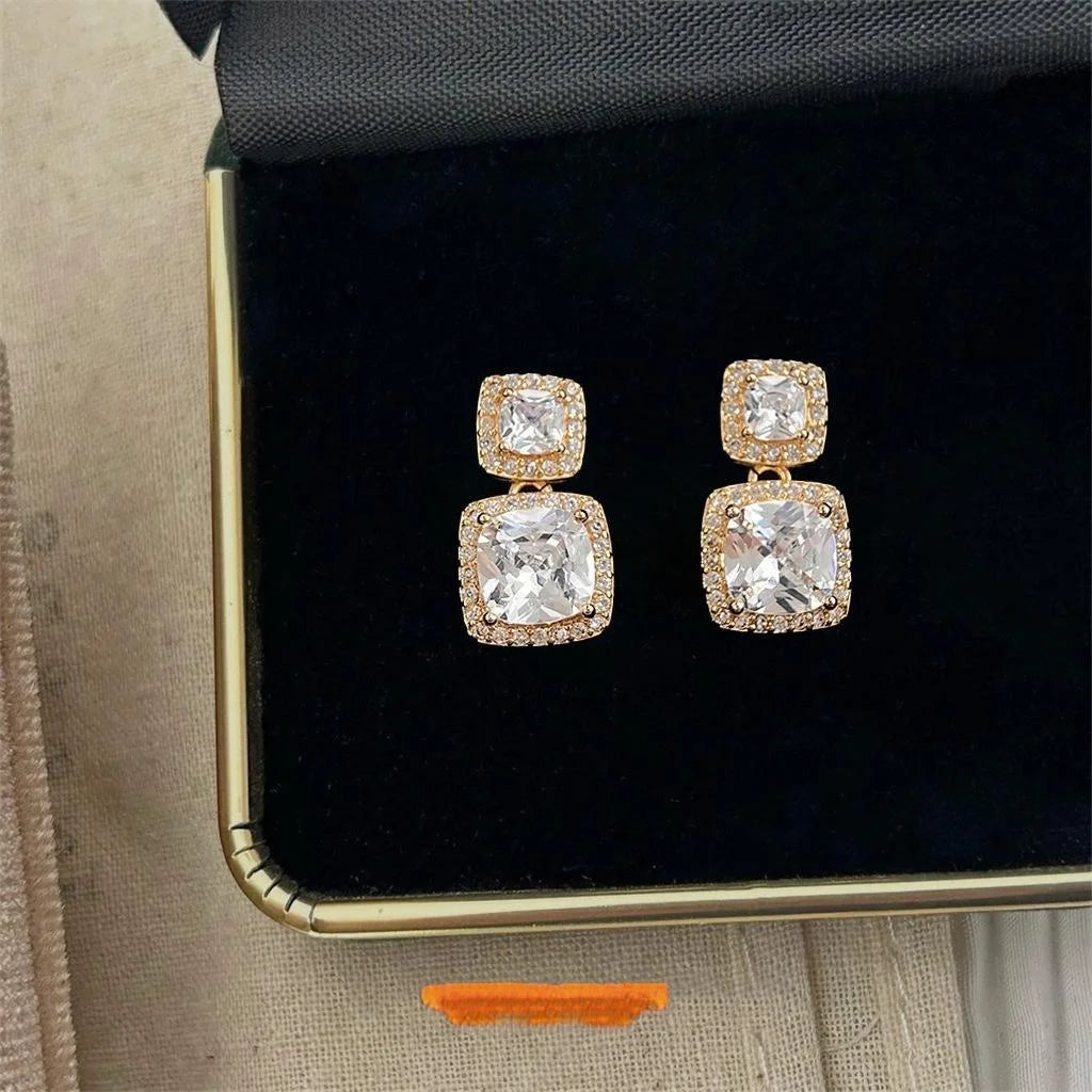 14K Plated Copper Zircon Geometric Square Stud Earrings Korean Minimalist Sparkly Jewelry