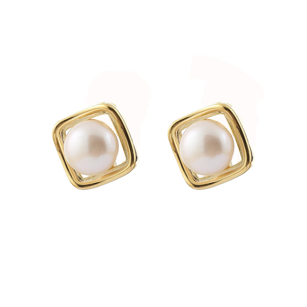 Elegant Square Spiral Freshwater Pearl Alloy Stud & Clip On No Piercing Commuter Statement Earrings