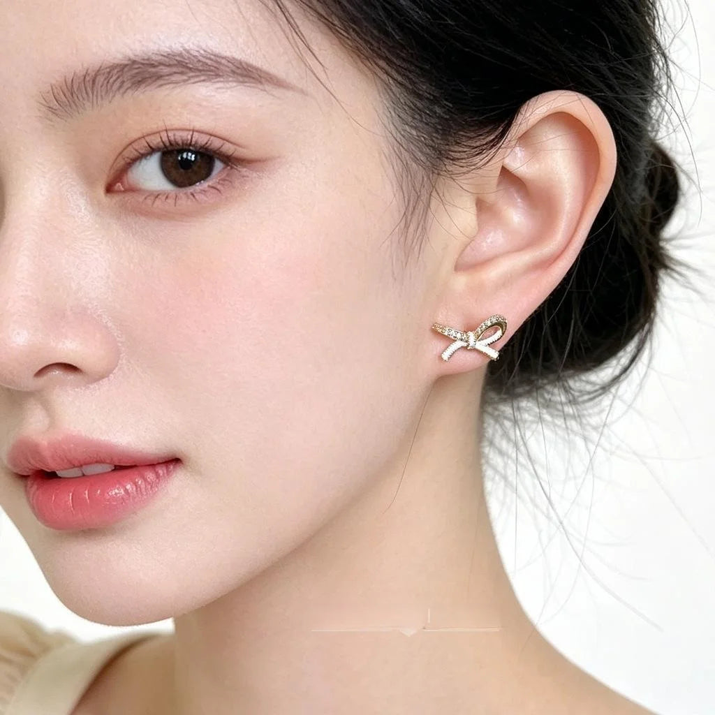Sweet Micro Pave Zircon Enamel Bow Stud Earrings Eco-Friendly Copper Ribbon Knot Jewelry