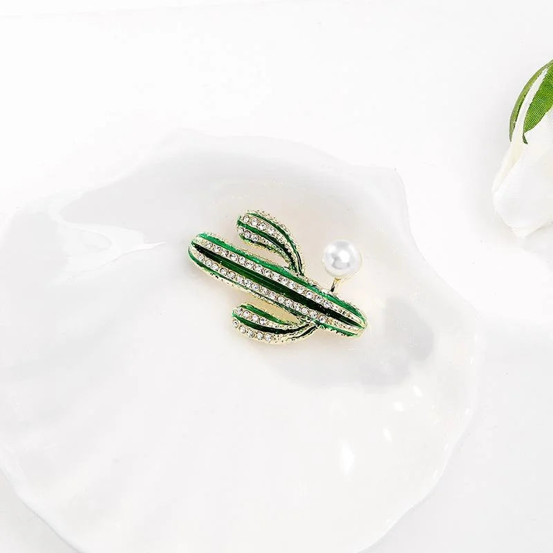 Elegant Green Enamel Cactus Brooch With Rhinestone Stripes And Pearl Accent, Women's Lapel Pin Gift