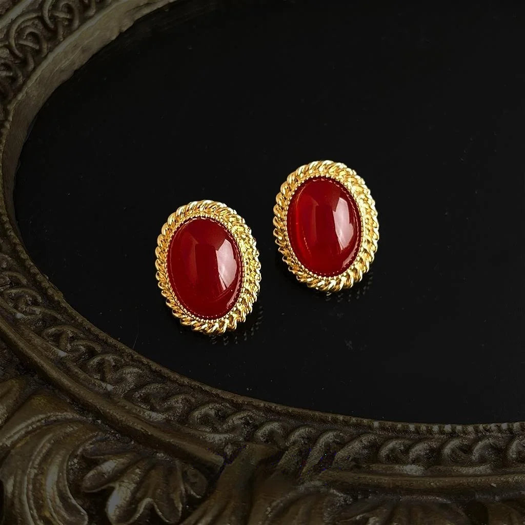 French Vintage 14K Plated Copper Oval Burgundy Geometric Stud Earrings Hong Kong Style For Women