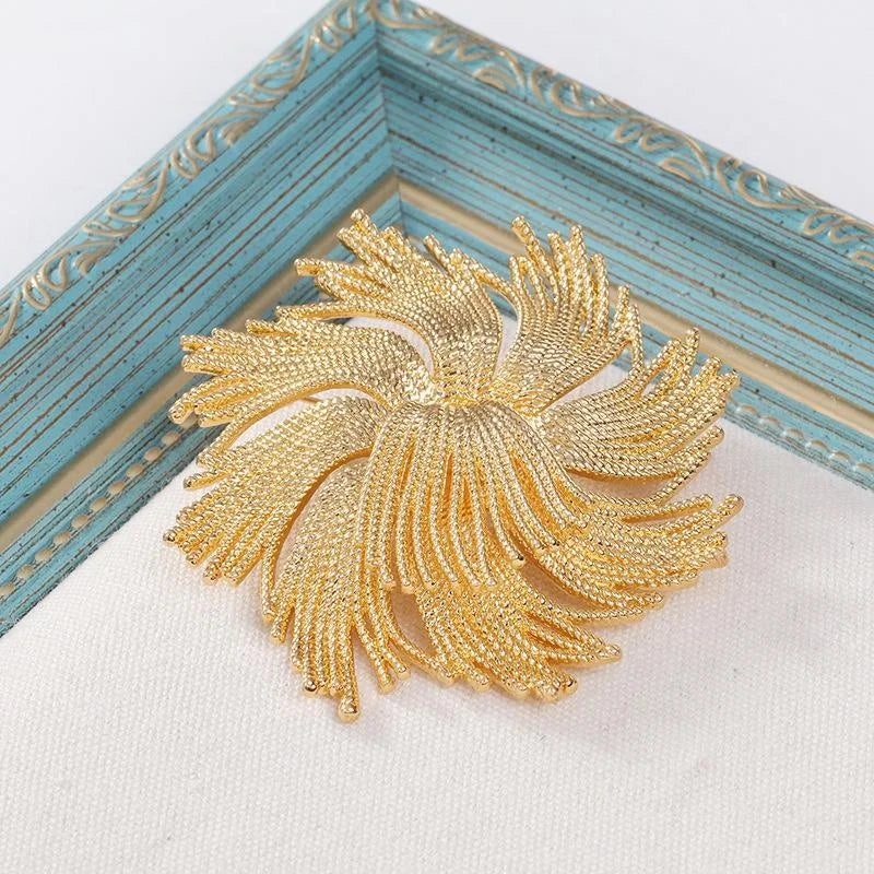 Luxury Gold Alloy Firework Flower Brooch, Textured Spiral Floral Lapel Pin Corsage Suit Accessory Gift
