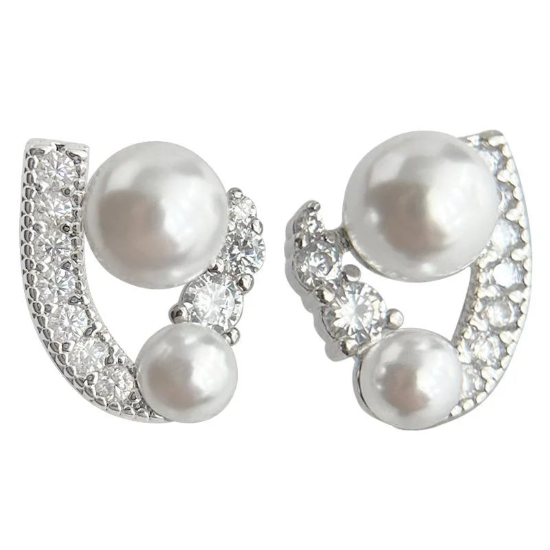 Micro Pave Zircon Copper Pearl Stud Earrings U Shape Geometric Line Design Elegant Minimalist