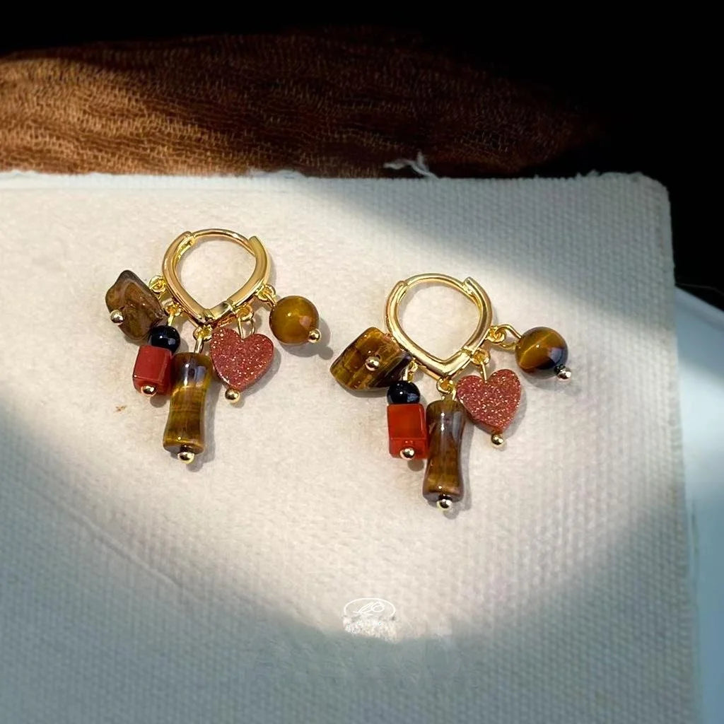 Vintage Ethnic Tiger Eye Agate Heart Tassel Drop Earrings With Copper