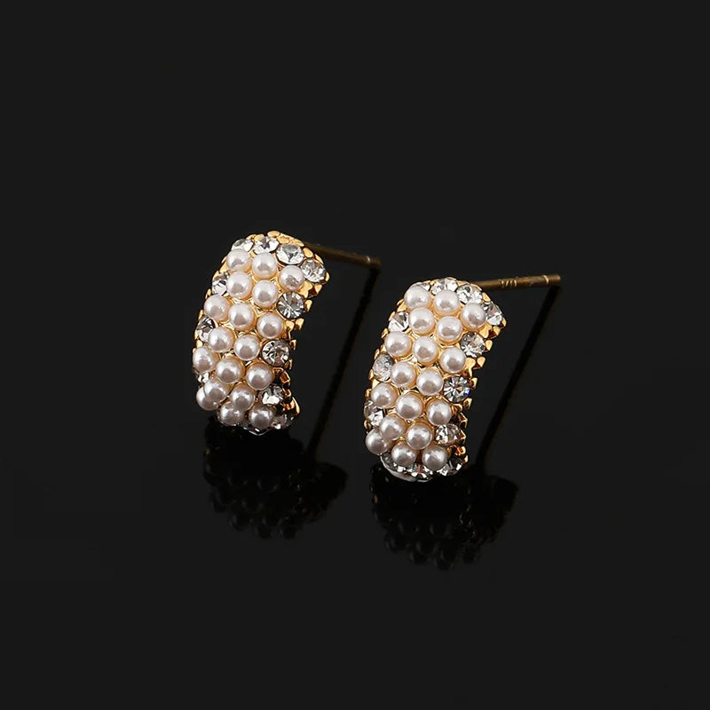 Elegant C Shape Pearl Rhinestone Alloy Stud & Clip On No Piercing Small Huggie Hoop Women's Earrings