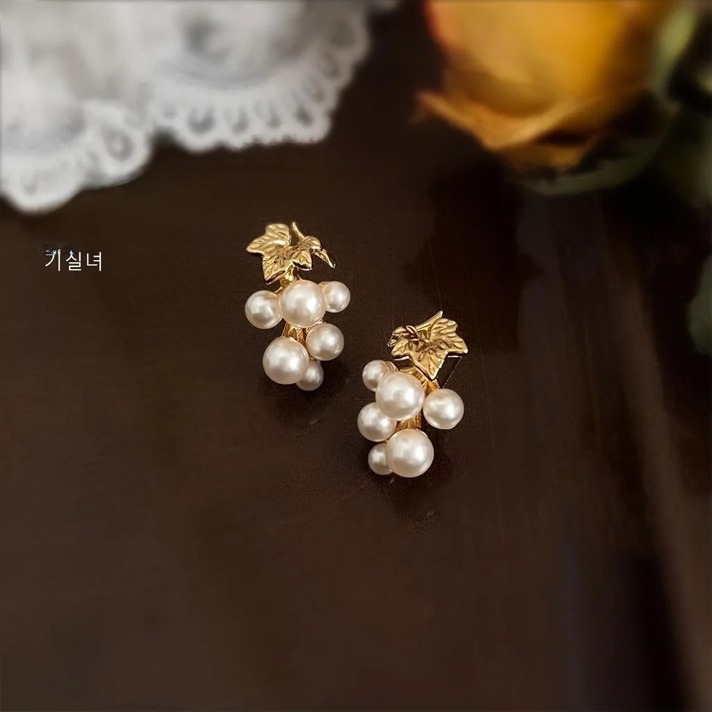 14K Gold Plated Copper 3D Grape Drop Earrings Light Luxury Jewelry
