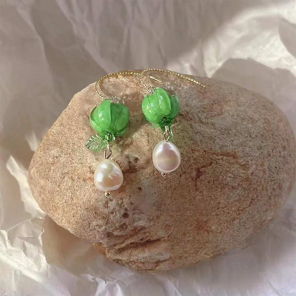 Handmade Forest Style Glass Crystal Freshwater Pearl Lotus Pod Floral Drop Earrings