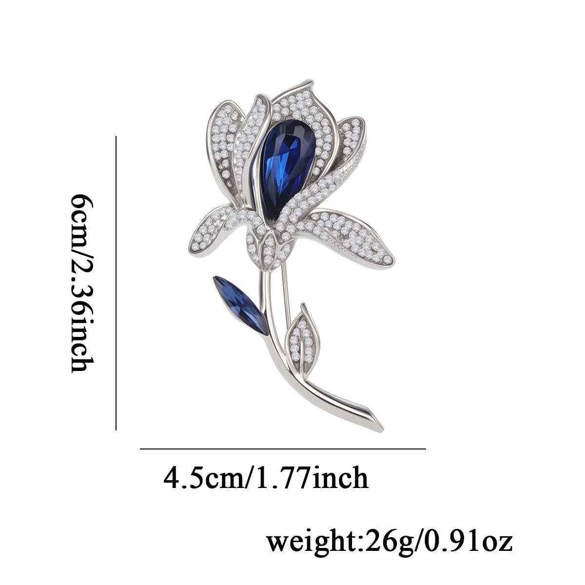 Elegant French Tulip Flower Brooch With Blue Crystal And Rhinestone Petals, Luxury Lapel Pin Gift