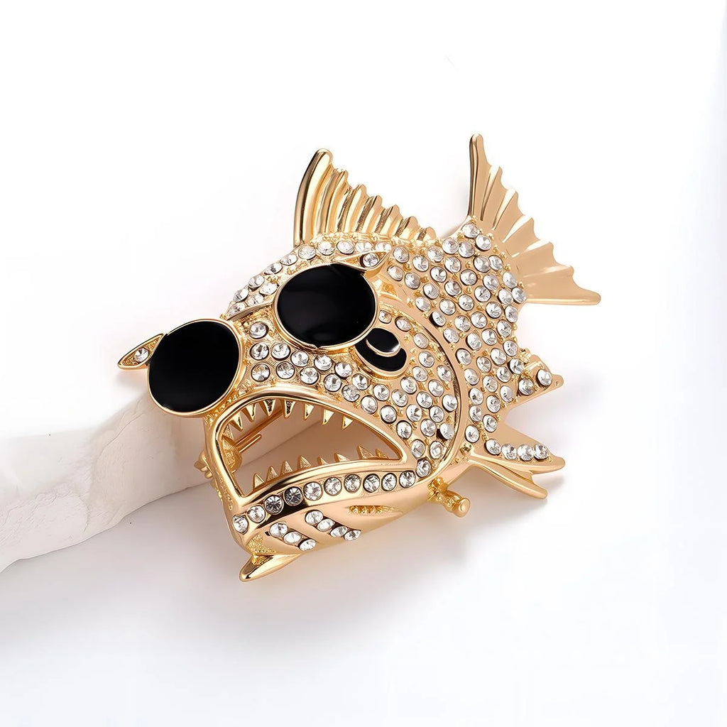 Luxury Rhinestone Piranha Fish Brooch In Gold Alloy With Black Enamel Eyes, Ocean Lapel Pin Gift