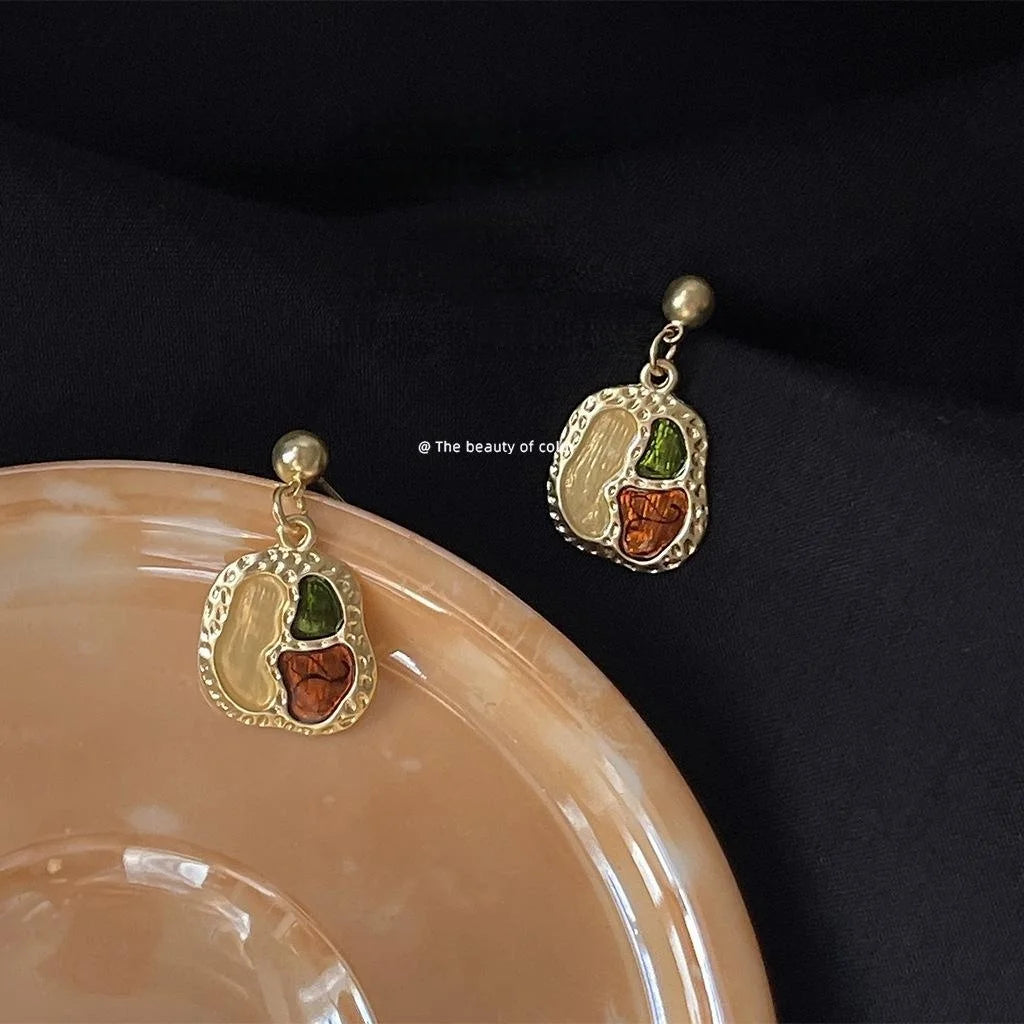 French Vintage Matte Enamel Copper Geometric Round Oval Drop Earrings For Women
