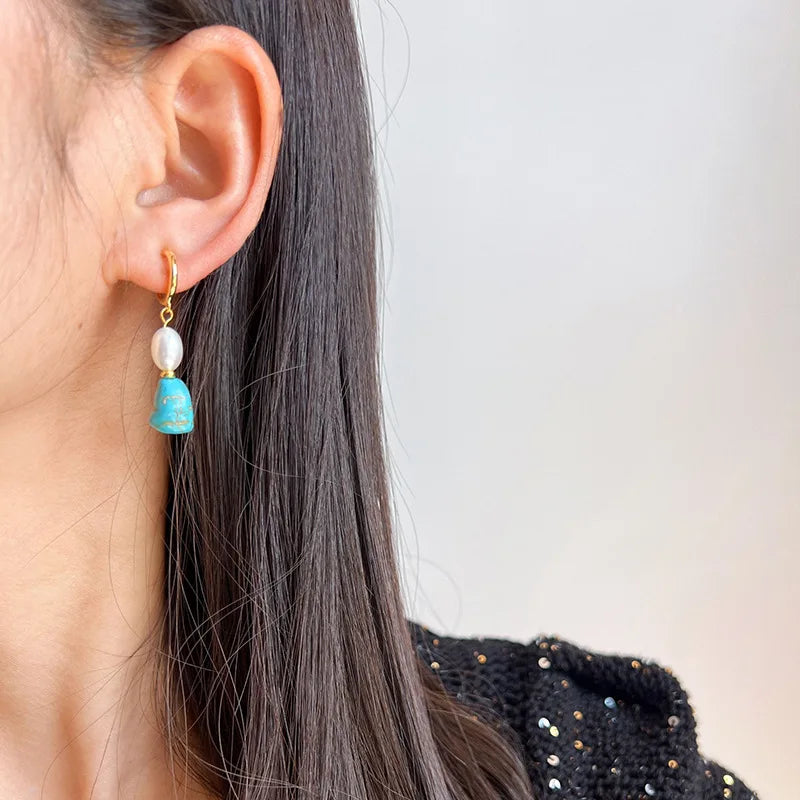 Elegant Irregular Turquoise Stone Freshwater Pearl Spiral Stud & Clip On No Piercing Drop Earrings