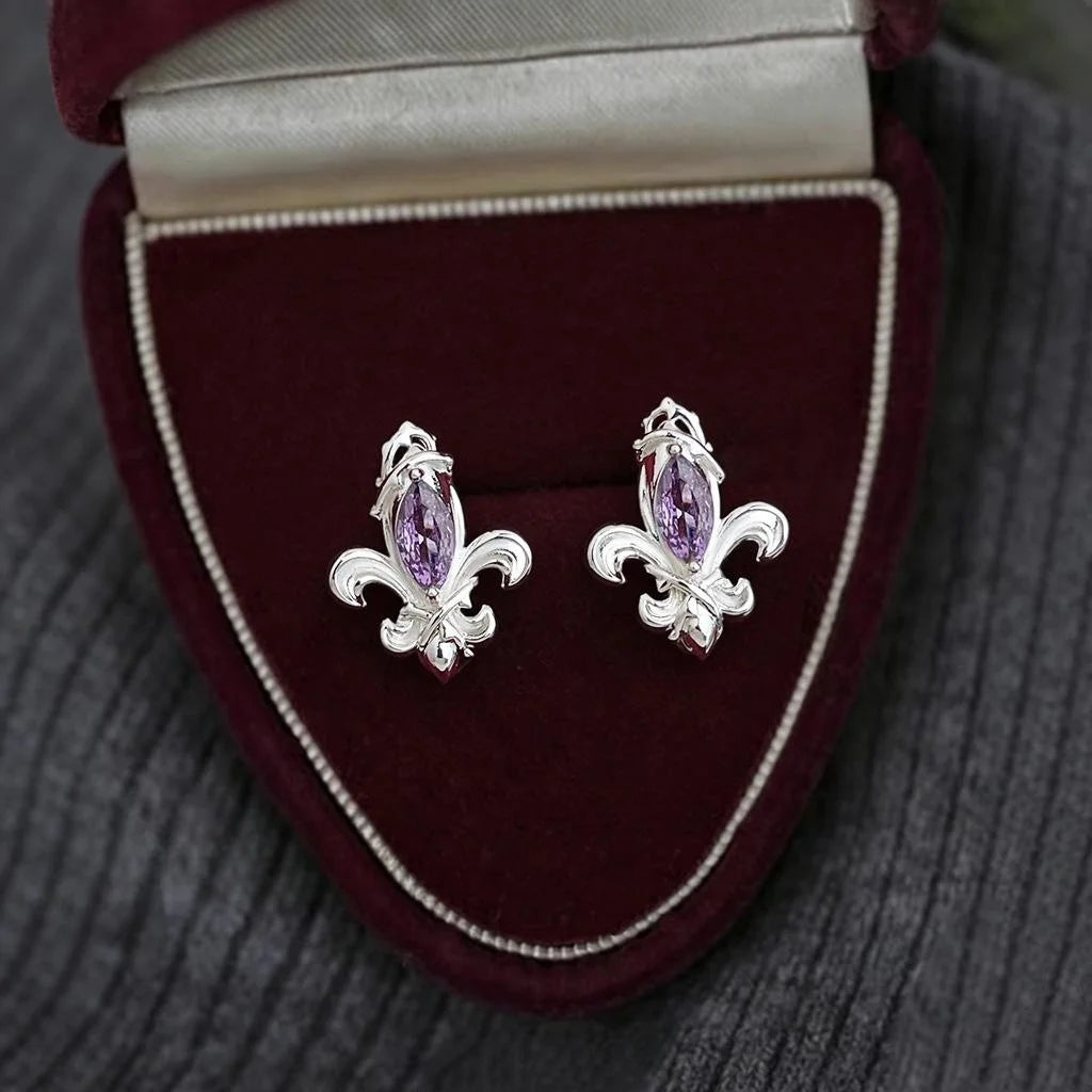 Iris Flower Purple Zircon Inlaid Eco Copper Stud Earrings Elegant Light Luxury Jewelry