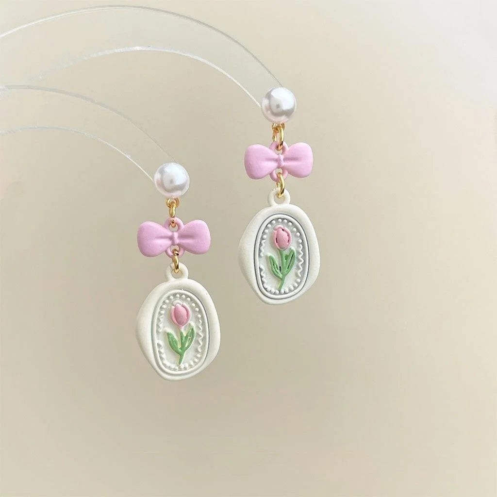 Sweet Fresh Pink Enamel Tulip Bow Flower Eco-Friendly Copper Drop Earrings For Women