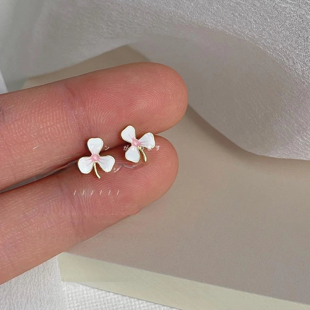 Sweet Enamel Flower Stud Earrings, Mini Copper Pink White Floral Earrings