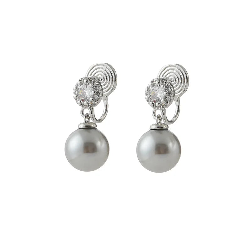Elegant Silver Gray Pearl Drop With Rhinestone Halo Alloy Stud & Clip On No Piercing Bridal Earrings