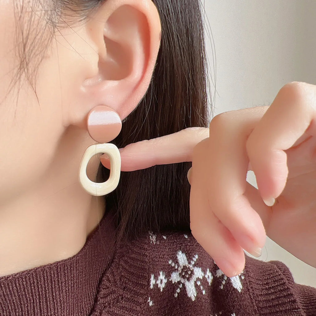 Elegant Vintage Milk Tea Enamel Alloy Round Disc Hollow Oval Drop Stud & Clip On No Piercing Earrings