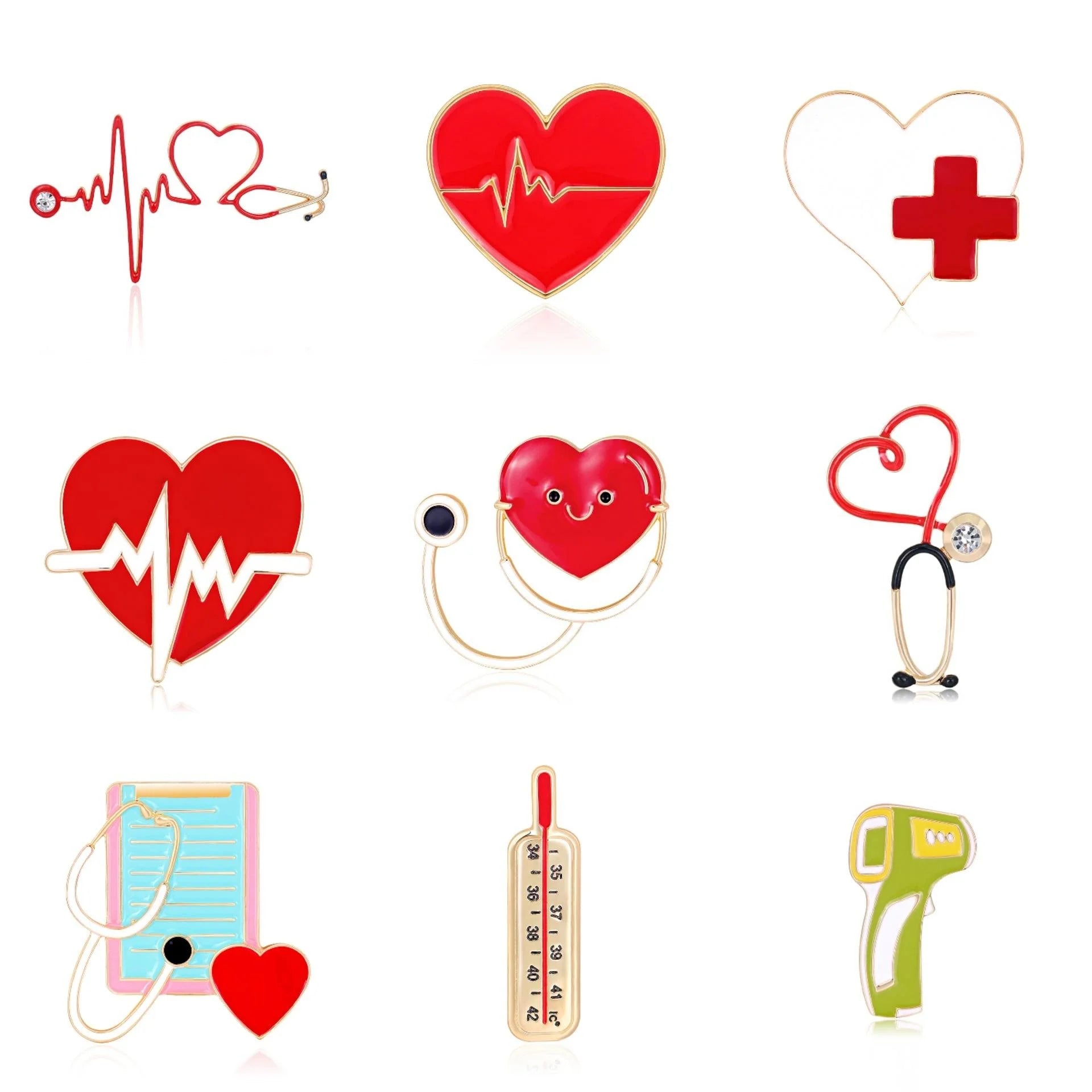 Cute Medical Heart Thermometer ECG Alloy Enamel Brooch For Nurse Lapel Pin Corsage Suit Accessory Gift