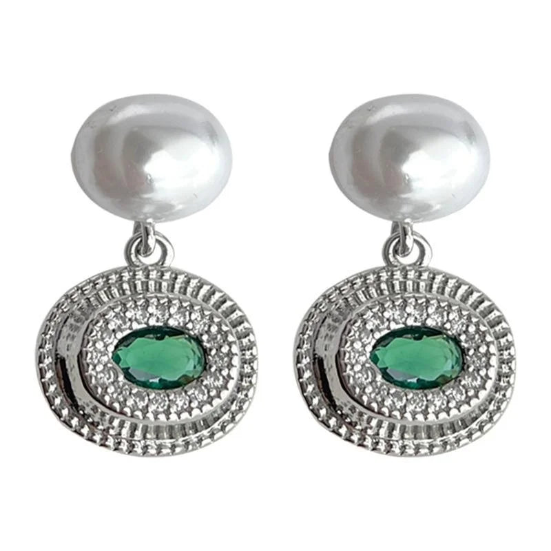 Micro Pave Zircon Minimalist Silver Tone Copper Oval Emerald Geometric Drop Earrings