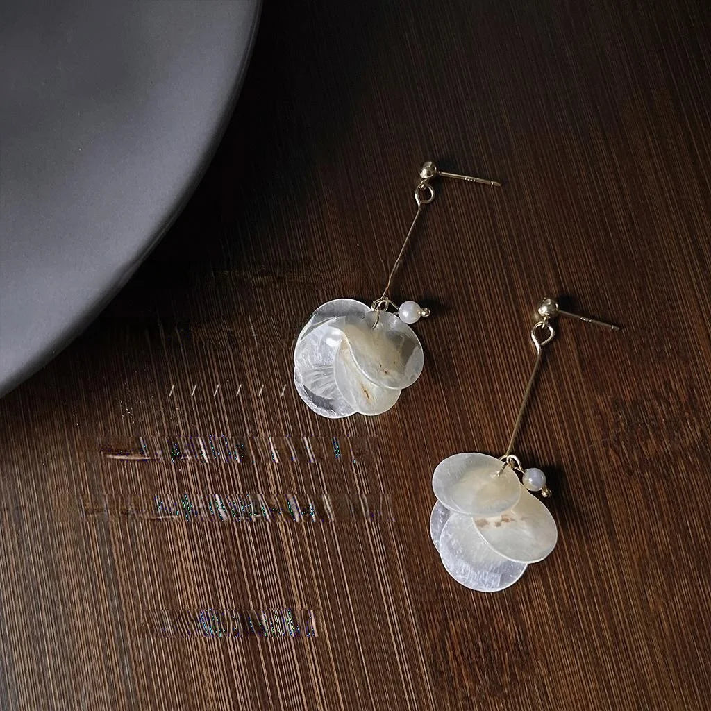 Handmade Original Designer Copper Shell Tassel Geometric Stud Earrings French Minimalist Fairy Style