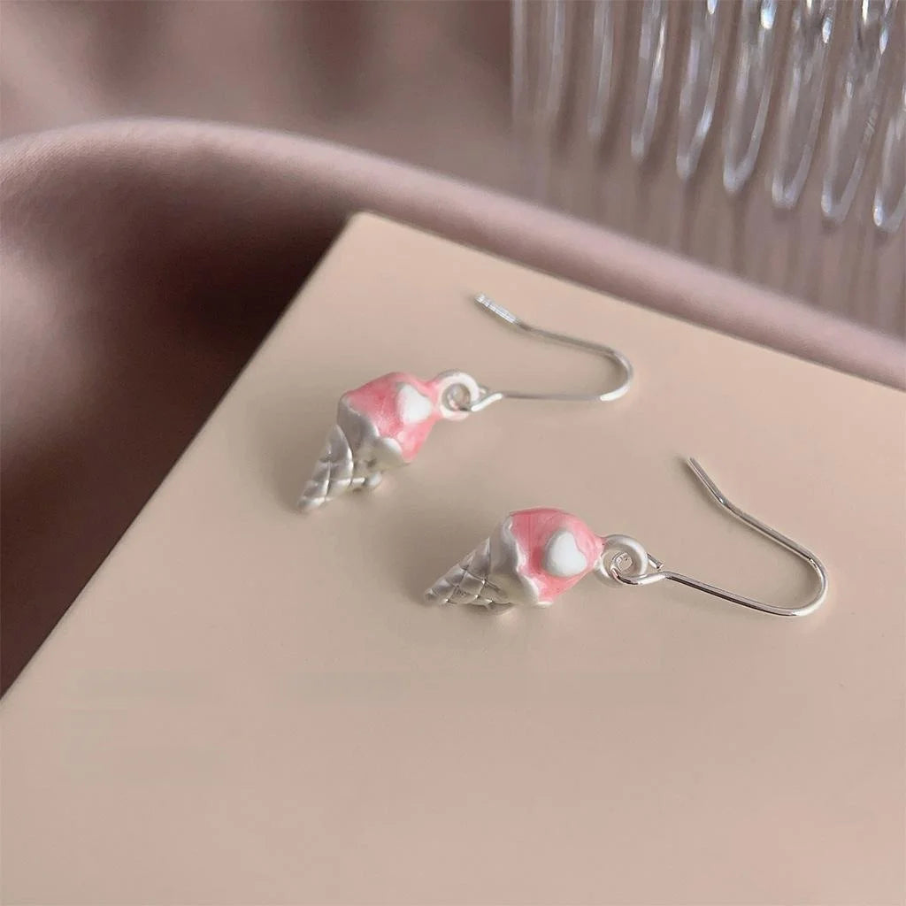 Cute Pink Melting Ice Cream Cone Copper Drop Earrings, Korean Summer Sweet Novelty Jewelry