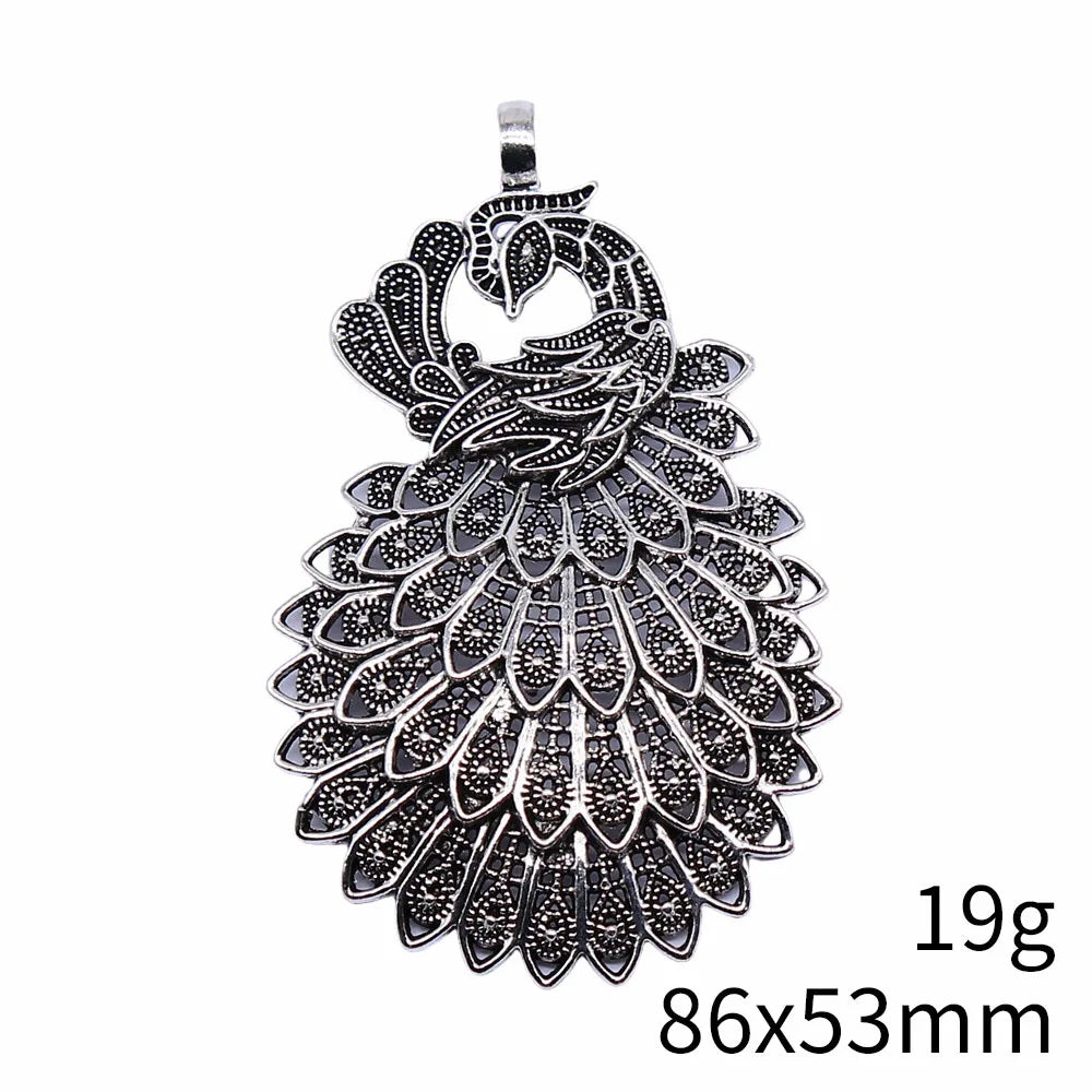 86x53mm 19g Antique Silver Zinc Alloy Large Peacock Charm Pendant for DIY Statement Necklace Jewelry