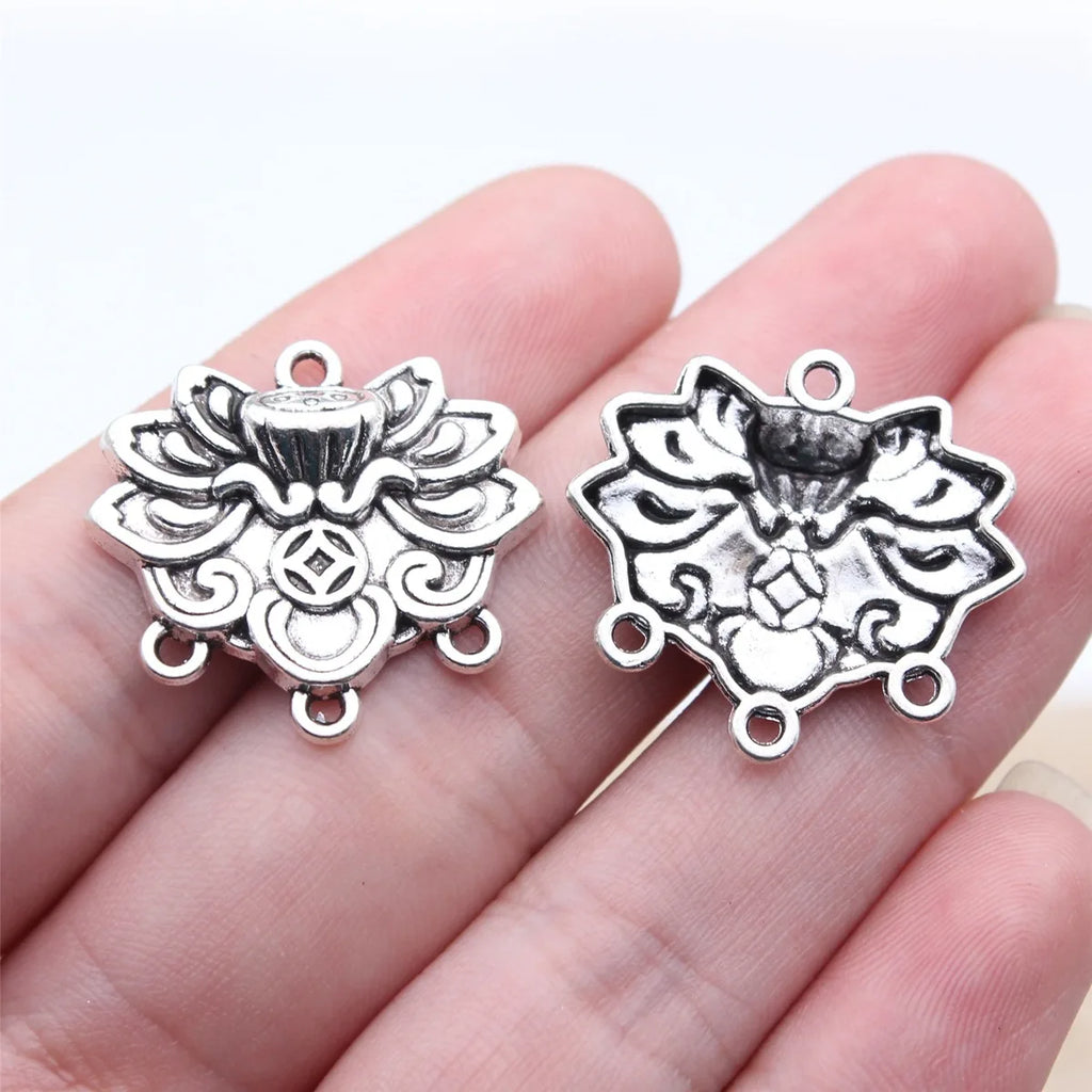 25x23mm 2.6g Antique Silver Zinc Alloy Coin Lotus Connector Charm for DIY Earrings Necklace Making