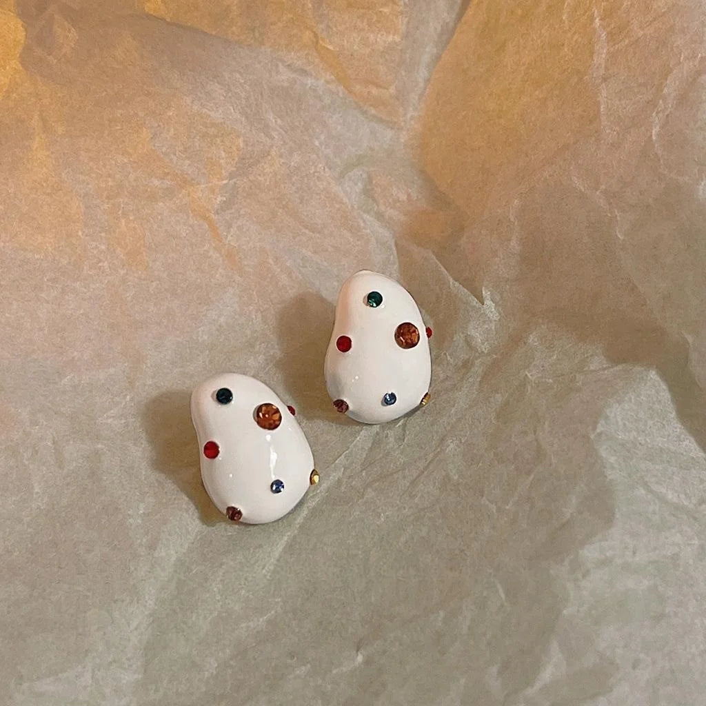 14K Plated Copper Milky White Enamel Rhinestone Irregular Geometric Stud Earrings
