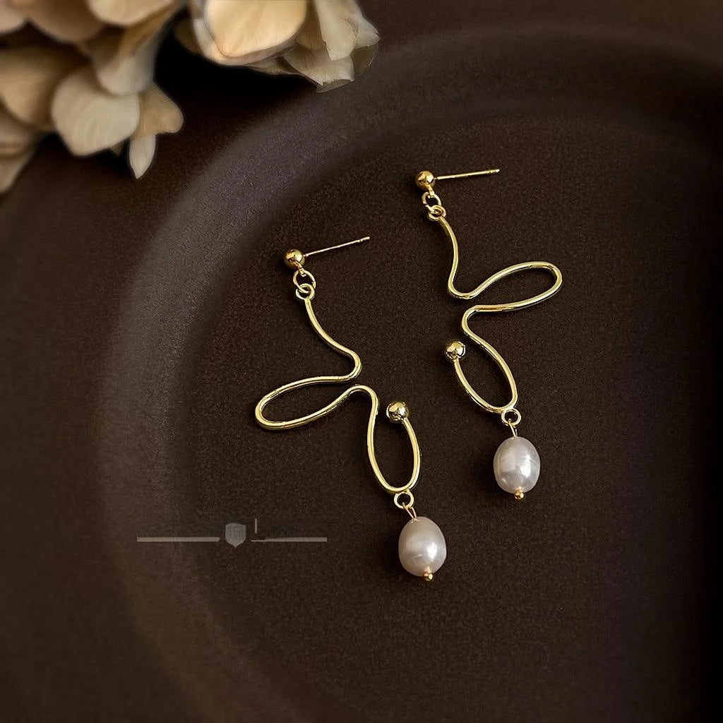 Freshwater Pearl 14K Plated Abstract Butterfly Stud Earrings Minimalist Copper Jewelry
