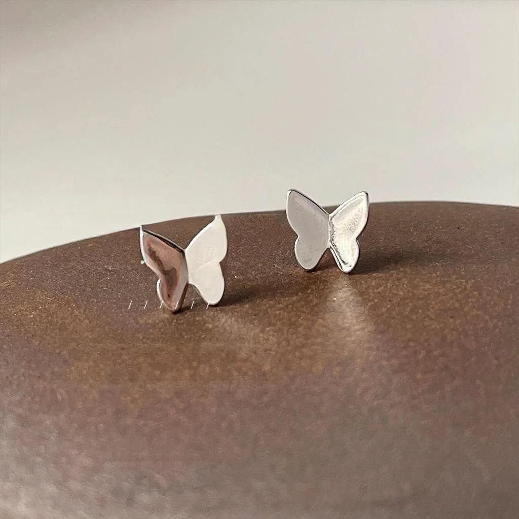 Minimalist Silver Tone Copper Butterfly Stud Earrings Smooth Metal Commuter Jewelry