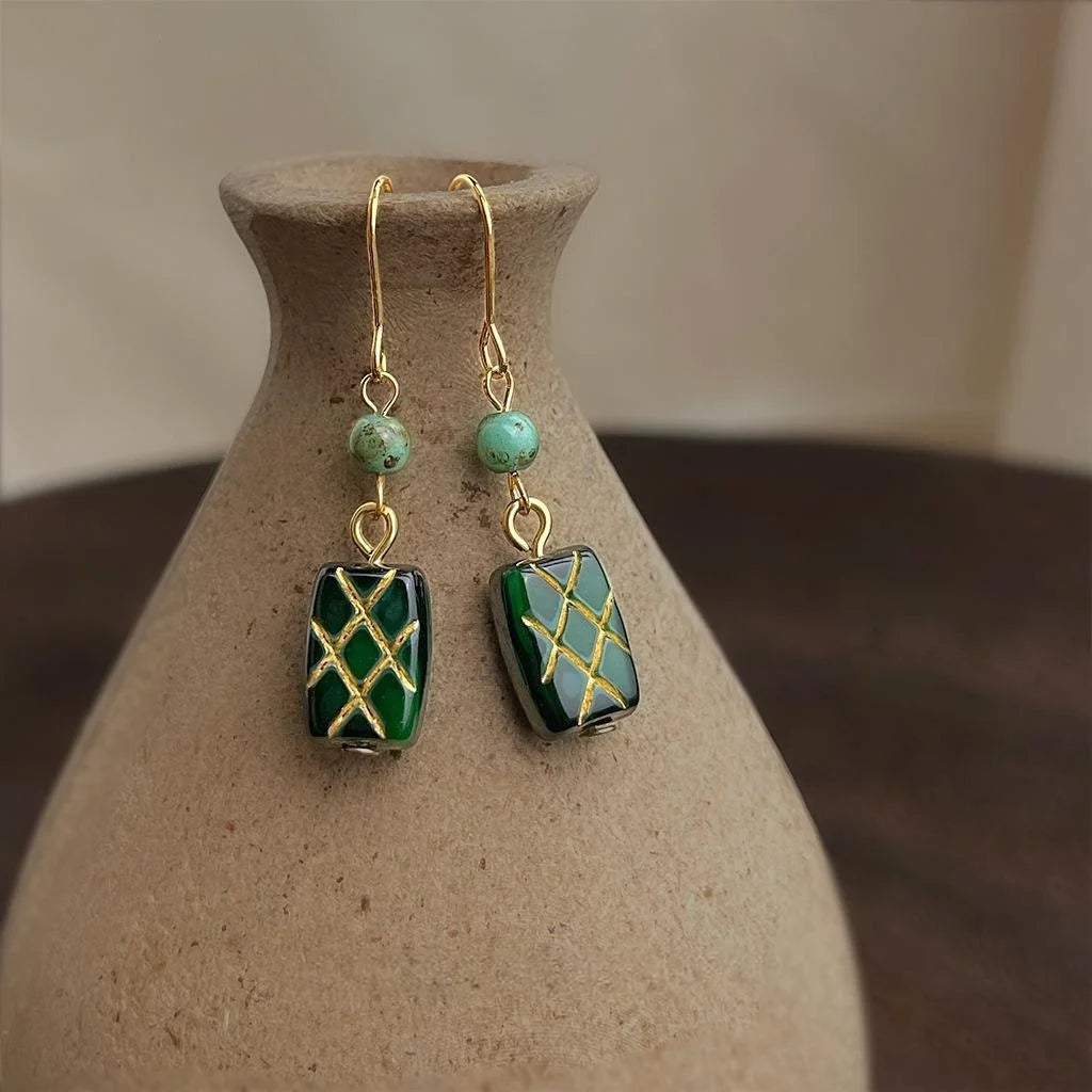 Handmade Czech Glass Drop Earrings Vintage Chinese Style Long Geometric Round Square Jewelry