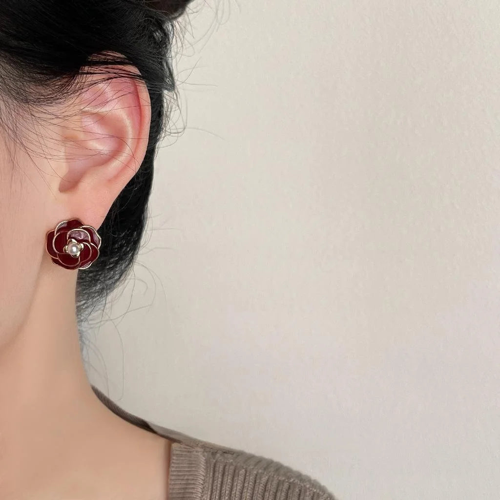 Hong Kong Style Vintage Burgundy Enamel Flower 14K Gold Plated Copper Stud Earrings