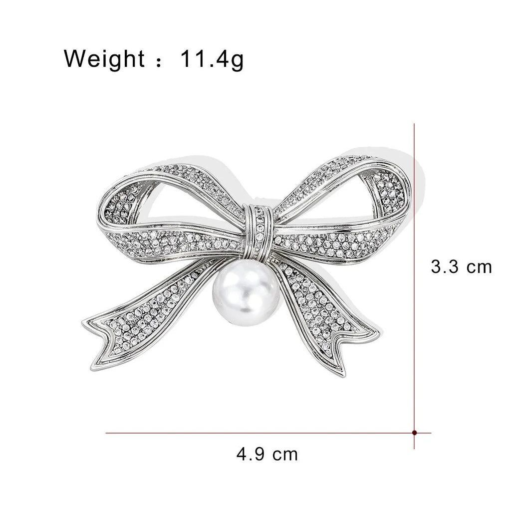 Elegant Pearl Bow Brooch With Rhinestone Pave Copper Plated Lapel Pin For Wedding Corsage Gift