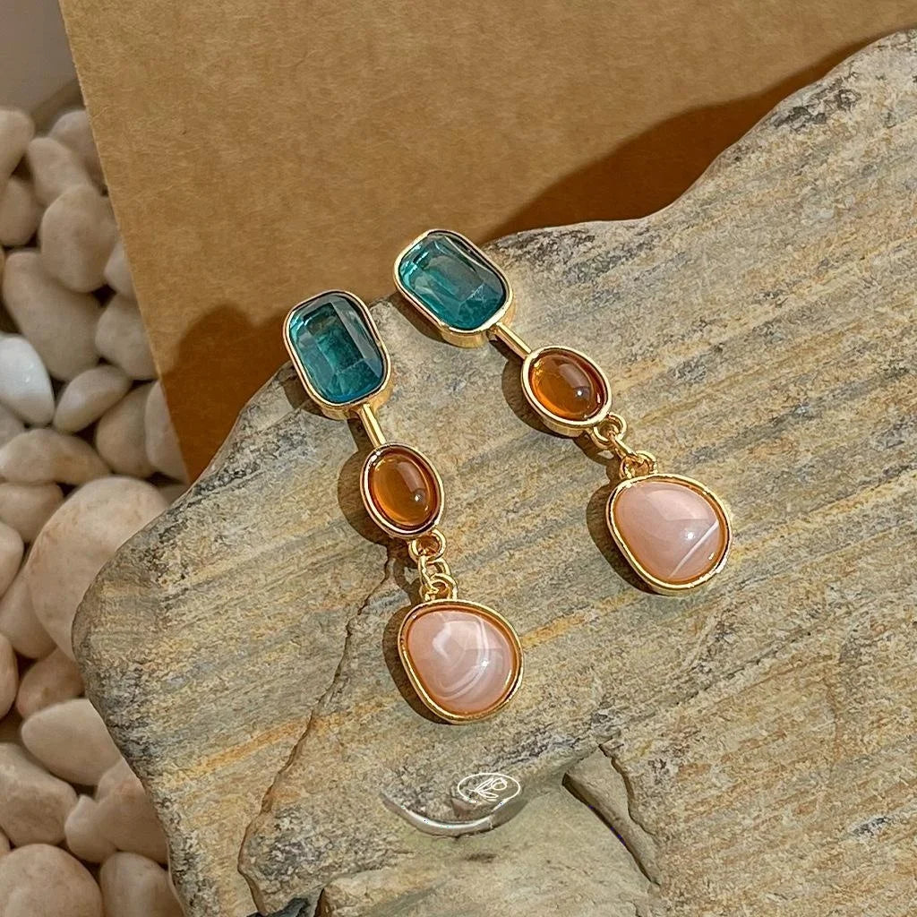 Sweet Vacation Geometric Colorblock Long Tassel Copper Drop Earrings