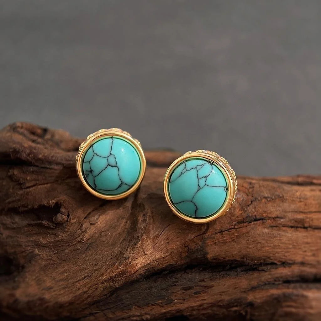 Vintage New Chinese Style Copper Synthetic Turquoise Zircon Round Stud Earrings