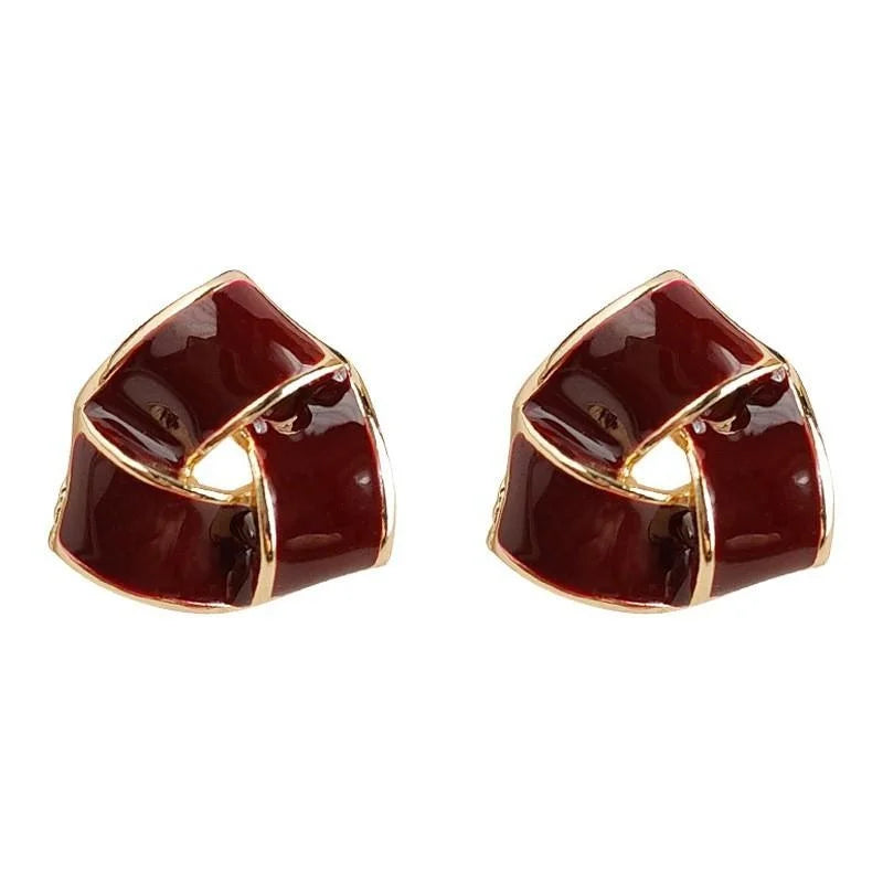French Vintage Red Enamel Geometric Copper Drop Earrings Light Luxury Niche Jewelry