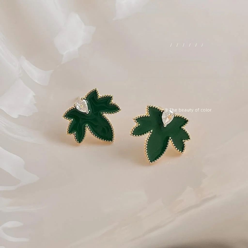 Original Green Enamel Maple Leaf Drop Earrings Copper Zircon Micro Pave Fresh Commute Jewelry