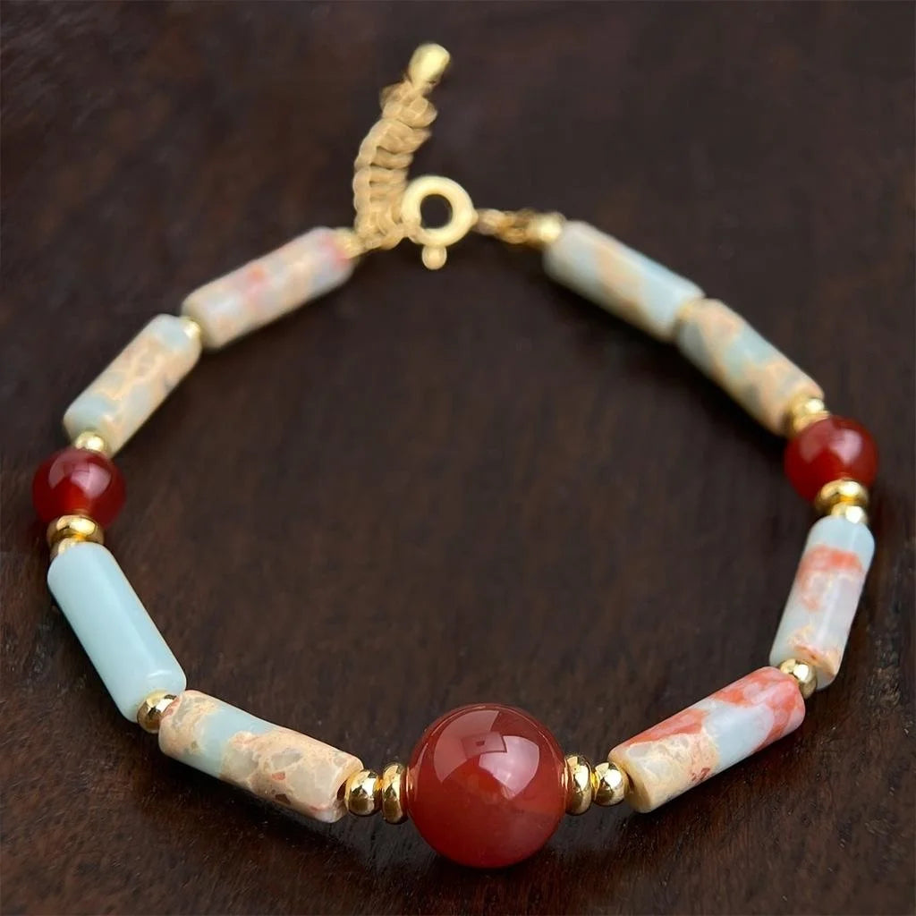 New Chinese Style Natural Stone Red Agate Shoushan Stone Handmade Geometric Bracelet